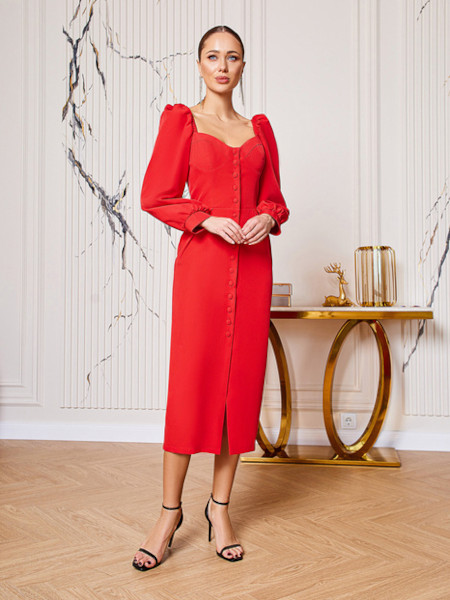 Elegancka ołówkowa czerwona sukienka midi z guzikami