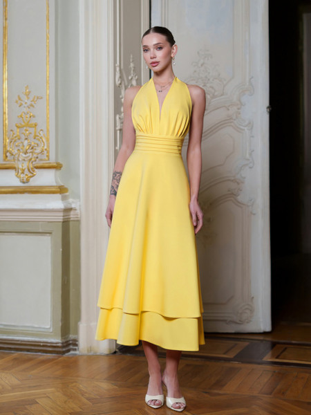 Elegancka rozkloszowana sukienka midi z podwójną falbaną - żółty