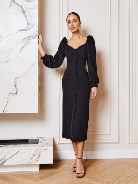 Elegancka ołówkowa czarna sukienka midi z guzikami