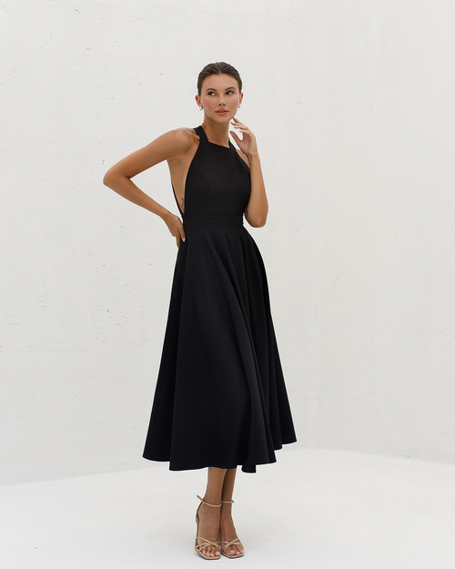 Elegantes, ärmelloses, ausgestelltes Midikleid mit Schnürung im Rücken - schwarz