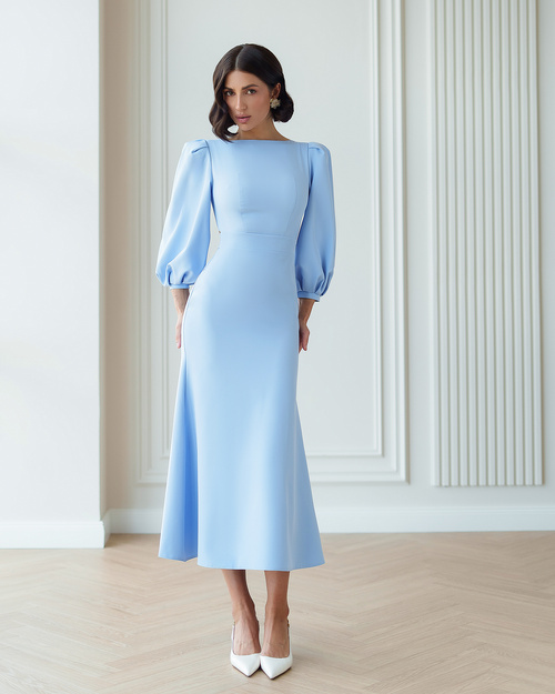 Blaues ausgestelltes Midikleid mit Büffeln 