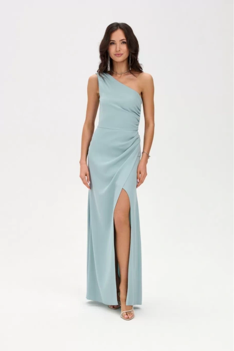 Blaues, ausgestelltes Midikleid mit kurzen Puffärmeln.
