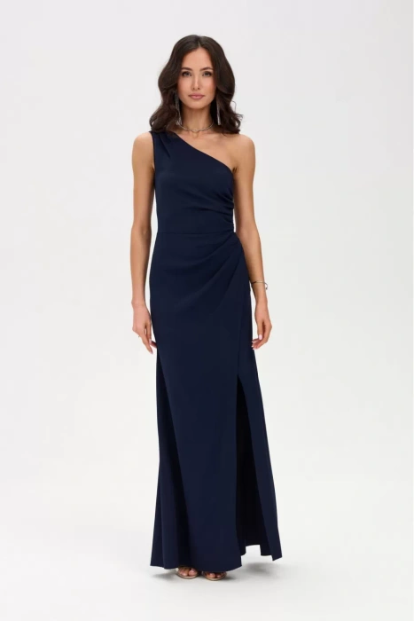 Blaues, ausgestelltes Midikleid mit kurzen Puffärmeln.