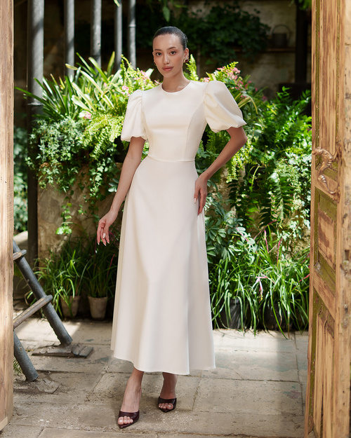 Midikleid mit kurzen Buffetärmeln - creme 