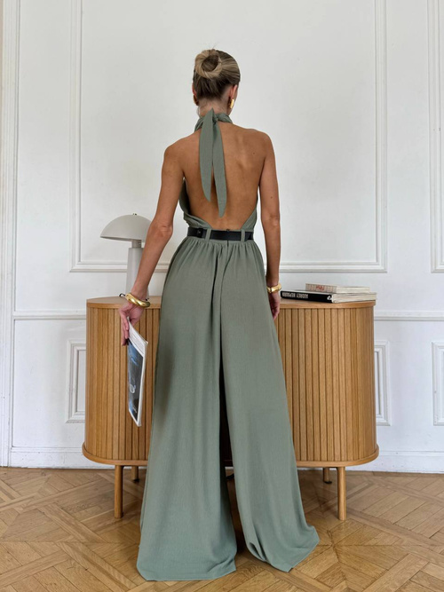 Kombinezon damski maxi khaki z wiązaniem na szyi – elegancki fason oversize 