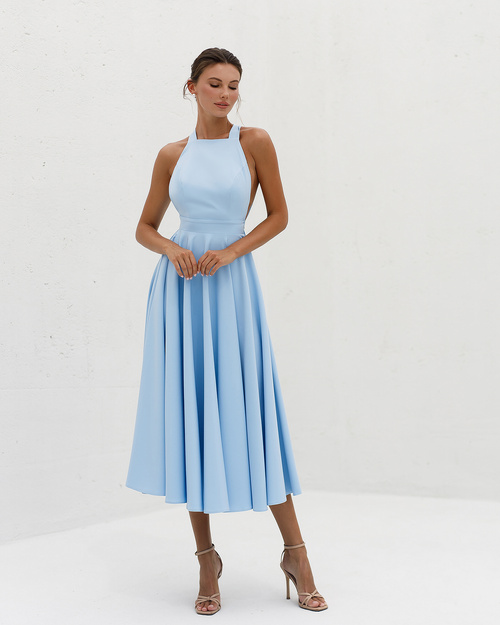 Elegantes, ärmelloses, ausgestelltes Midikleid mit Bindeband im Rücken - blau