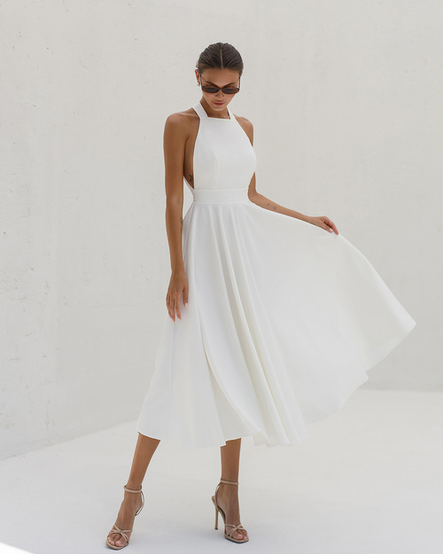 Elegantes, ärmelloses, ausgestelltes Midikleid mit Schnürung im Rücken - milchig