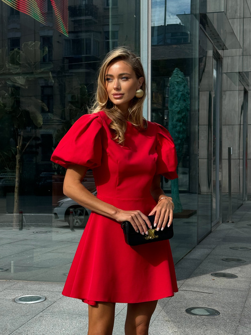 Schwarzes ausgestelltes Minikleid von Vanessa mit Puffärmeln