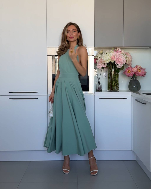 Elegantes, ärmelloses, ausgestelltes Midikleid mit Schnürung im Rücken - Salbei