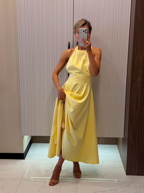 Elegantes, ärmelloses, ausgestelltes Midikleid mit Schnürung im Rücken - gelb