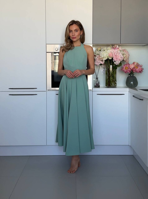 Elegantes, ärmelloses, ausgestelltes Midikleid mit Schnürung im Rücken - Salbei