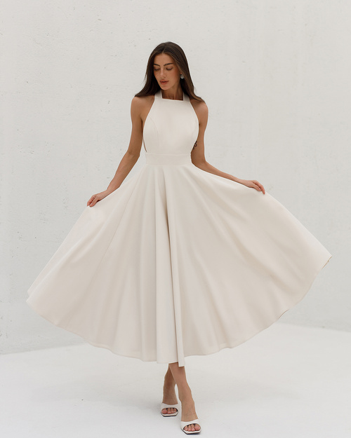 Elegantes, ärmelloses, ausgestelltes Midikleid mit Schnürung im Rücken - cremefarben