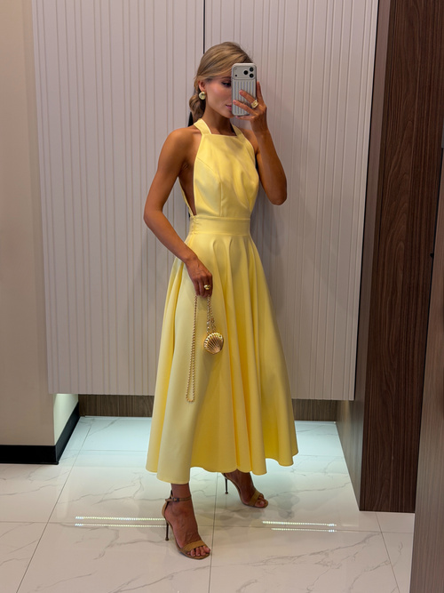 Elegantes, ärmelloses, ausgestelltes Midikleid mit Schnürung im Rücken - gelb