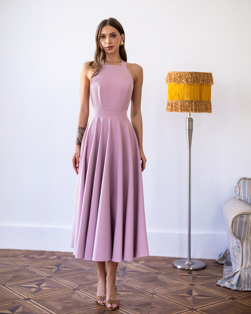 Elegantes, ärmelloses, ausgestelltes Midikleid mit Schnürung im Rücken - puderblau
