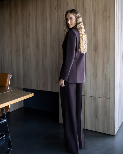 Damski brązowy garnitur premium – elegancki komplet ze spodniami wide leg