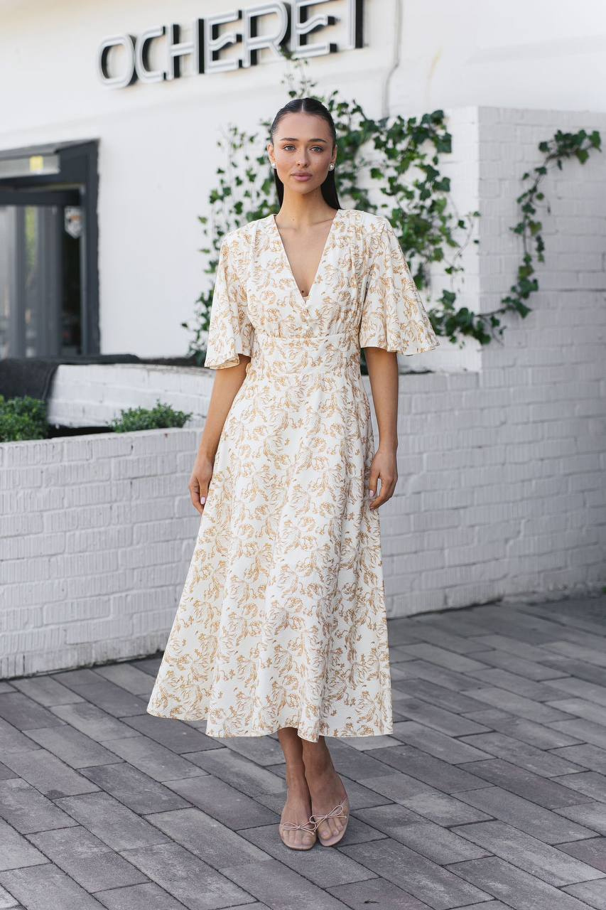 Elegancka sukienka midi w stylu boho z dekoltem V – beżowa we wzory Rozm. M