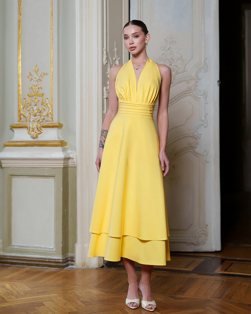 Elegantes ausgestelltes Midikleid mit doppelter Rüsche - gelb