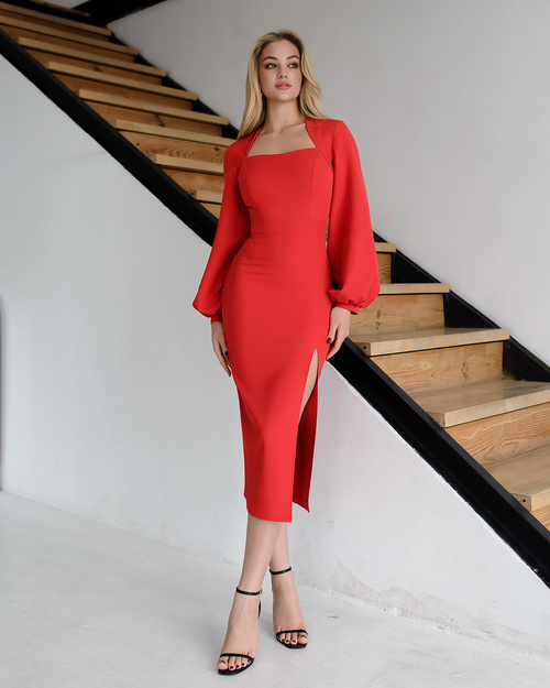 Rotes Midikleid mit Buffetärmeln und quadratischem Ausschnitt