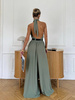 Kombinezon damski maxi khaki z wiązaniem na szyi – elegancki fason oversize 