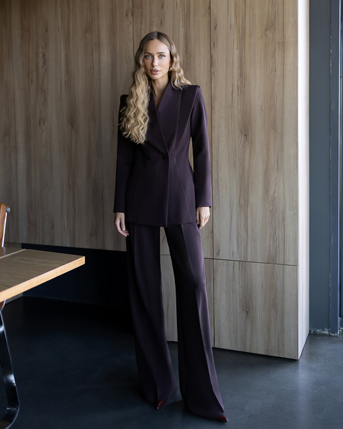 Damski brązowy  garnitur premium – elegancki komplet ze spodniami wide leg