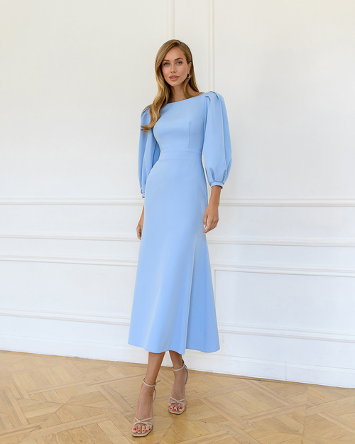 Blaues ausgestelltes Midikleid mit Büffeln