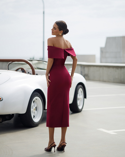 Mira - Midikleid mit offenen Schultern - burgunderrot