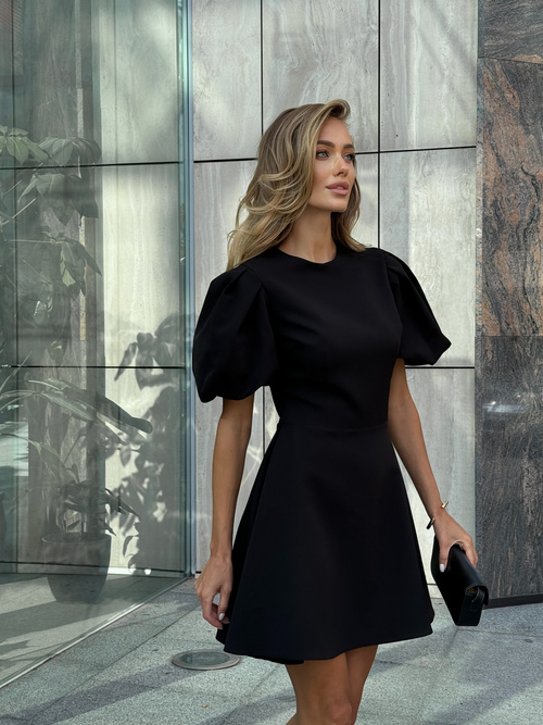 Schwarzes ausgestelltes Minikleid von Vanessa mit Puffärmeln