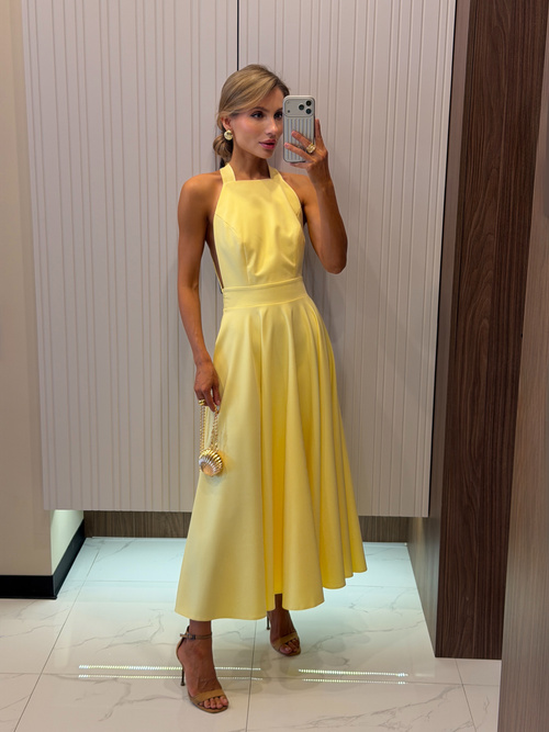 Elegantes, ärmelloses, ausgestelltes Midikleid mit Schnürung im Rücken - gelb