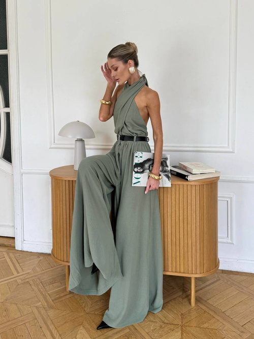 Kombinezon damski maxi khaki z wiązaniem na szyi – elegancki fason oversize 