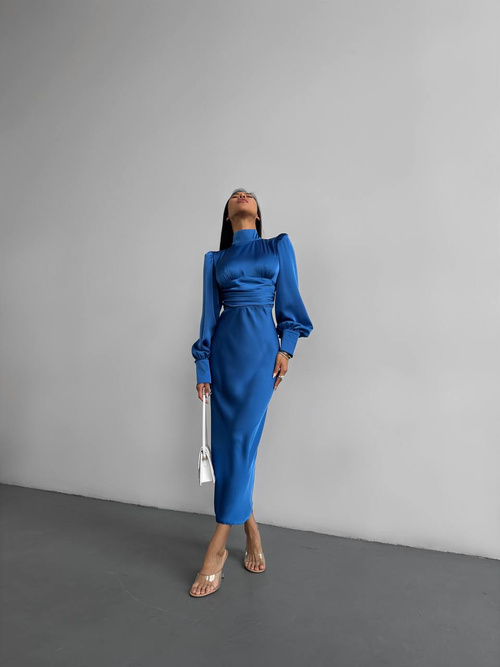 Raja Midikleid aus Satin mit offenem Rücken und Schleife - blau